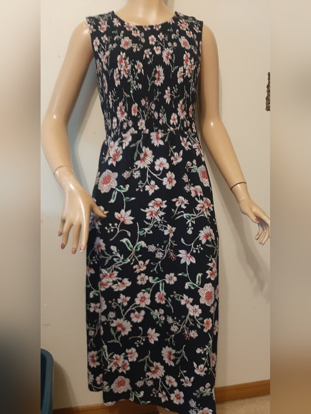 Nautica Jeans Smocked Dress with Pockets Black Floral Women's Small